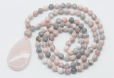 GMN5088 Hand-knotted 8mm, 10mm pink zebra jasper 108 beads mala necklace with pendant