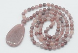 GMN5090 Hand-knotted 8mm, 10mm purple strawberry quartz 108 beads mala necklace with pendant