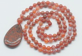 GMN5093 Hand-knotted 8mm, 10mm fire agate 108 beads mala necklace with pendant