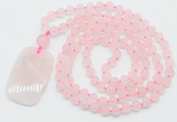 GMN5110 Hand-knotted 8mm, 10mm matte rose quartz 108 beads mala necklace with pendant