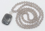 GMN5117 Hand-knotted 8mm, 10mm matte grey agate 108 beads mala necklace with pendant