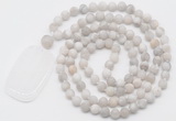 GMN5119 Hand-knotted 8mm, 10mm matte white crazy agate 108 beads mala necklace with pendant