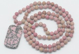 GMN5120 Hand-knotted 8mm, 10mm matte pink wooden jasper 108 beads mala necklace with pendant