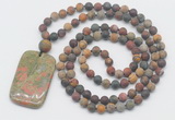 GMN5121 Hand-knotted 8mm, 10mm matte picasso jasper 108 beads mala necklace with pendant