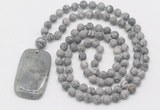 GMN5124 Hand-knotted 8mm, 10mm matte grey picture jasper 108 beads mala necklace with pendant