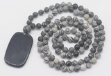 GMN5125 Hand-knotted 8mm, 10mm matte black water jasper 108 beads mala necklace with pendant