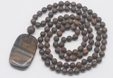 GMN5128 Hand-knotted 8mm, 10mm matte bronzite 108 beads mala necklace with pendant