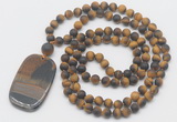 GMN5132 Hand-knotted 8mm, 10mm matte yellow tiger eye 108 beads mala necklace with pendant