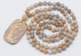 GMN5137 Hand-knotted 8mm, 10mm matte fossil coral 108 beads mala necklace with pendant