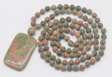 GMN5140 Hand-knotted 8mm, 10mm matte unakite 108 beads mala necklace with pendant