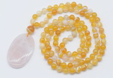 GMN5150 Hand-knotted 8mm, 10mm yellow banded agate 108 beads mala necklace with pendant