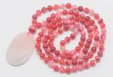 GMN5151 Hand-knotted 8mm, 10mm red banded agate 108 beads mala necklace with pendant