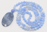 GMN5153 Hand-knotted 8mm, 10mm blue banded agate 108 beads mala necklace with pendant