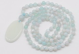 GMN5154 Hand-knotted 8mm, 10mm sea blue banded agate 108 beads mala necklace with pendant