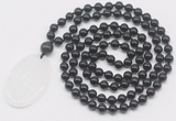 GMN5159 Hand-knotted 8mm, 10mm black agate 108 beads mala necklace with pendant