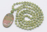 GMN5162 Hand-knotted 8mm, 10mm China jade 108 beads mala necklace with pendant