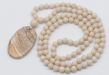 GMN5164 Hand-knotted 8mm, 10mm white fossil jasper 108 beads mala necklace with pendant