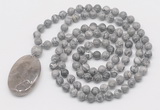 GMN5166 Hand-knotted 8mm, 10mm grey picture jasper 108 beads mala necklace with pendant