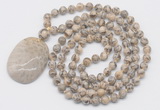 GMN5169 Hand-knotted 8mm, 10mm feldspar 108 beads mala necklace with pendant