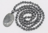 GMN5178 Hand-knotted 8mm, 10mm black labradorite 108 beads mala necklace with pendant