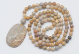 GMN5181 Hand-knotted 8mm, 10mm fossil coral 108 beads mala necklace with pendant