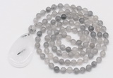 GMN5194 Hand-knotted 8mm, 10mm cloudy quartz 108 beads mala necklace with pendant