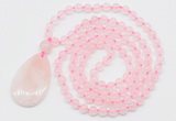 GMN5197 Hand-knotted 8mm, 10mm rose quartz 108 beads mala necklace with pendant