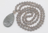 GMN5205 Hand-knotted 8mm, 10mm grey agate 108 beads mala necklace with pendant