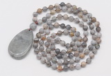 GMN5210 Hand-knotted 8mm, 10mm silver needle agate 108 beads mala necklace with pendant