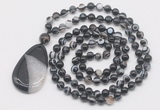 GMN5214 Hand-knotted 8mm, 10mm black banded agate 108 beads mala necklace with pendant