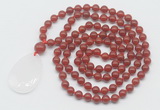 GMN5218 Hand-knotted 8mm, 10mm red agate 108 beads mala necklace with pendant