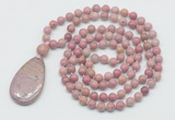 GMN5219 Hand-knotted 8mm, 10mm pink wooden jasper 108 beads mala necklace with pendant