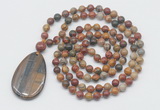 GMN5222 Hand-knotted 8mm, 10mm picasso jasper 108 beads mala necklace with pendant