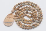 GMN5223 Hand-knotted 8mm, 10mm picture jasper 108 beads mala necklace with pendant