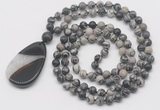 GMN5224 Hand-knotted 8mm, 10mm black water jasper 108 beads mala necklace with pendant