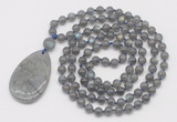 GMN5240 Hand-knotted 8mm, 10mm labradorite 108 beads mala necklace with pendant