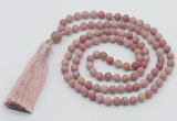 GMN5609 Hand-knotted 6mm matte pink wooden jasper 108 beads mala necklaces with tassel