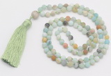 GMN5611 Hand-knotted 6mm matte amazonite 108 beads mala necklaces with tassel