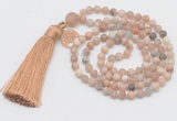 GMN5701 Hand-knotted 6mm matte sunstone 108 beads mala necklaces with tassel & charm