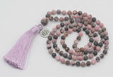 GMN5702 Hand-knotted 6mm matte rhodonite 108 beads mala necklaces with tassel & charm