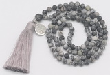 GMN5703 Hand-knotted 6mm matte black water jasper 108 beads mala necklaces with tassel & charm