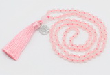 GMN5705 Hand-knotted 6mm matte rose quartz 108 beads mala necklaces with tassel & charm