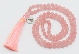 GMN5706 Hand-knotted 6mm matte cherry quartz 108 beads mala necklaces with tassel & charm