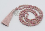 GMN5709 Hand-knotted 6mm matte pink wooden jasper 108 beads mala necklaces with tassel & charm