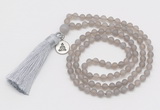 GMN5710 Hand-knotted 6mm matte grey agate 108 beads mala necklaces with tassel & charm