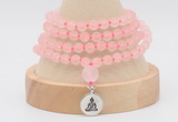 GMN5800 Hand-knotted 6mm matter rose quartz 108 beads mala necklaces with charm