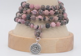 GMN5812 Hand-knotted 6mm matter rhodonite 108 beads mala necklaces with charm