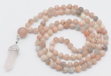 GMN5904 Hand-knotted 6mm matte sunstone 108 beads mala necklaces with pendant