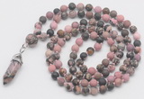 GMN5907 Hand-knotted 6mm matte rhodonite 108 beads mala necklaces with pendant