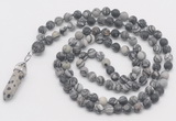 GMN5909 Hand-knotted 6mm matte black water jasper 108 beads mala necklaces with pendant